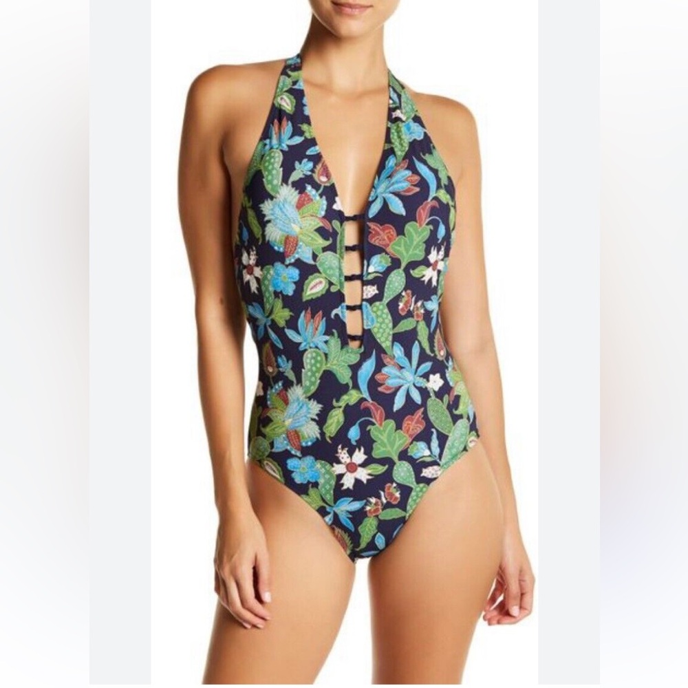 Tory Burch Wisteria Floral Print Knot Front Low Back Halter One Piece Swimsuit M